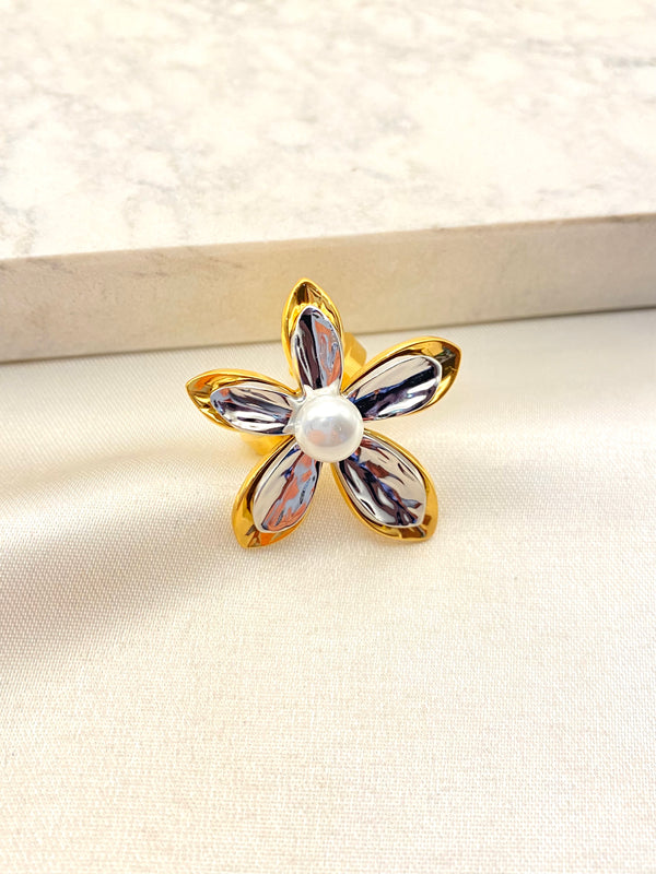 Anillo Flor Bicolor Grande Acero